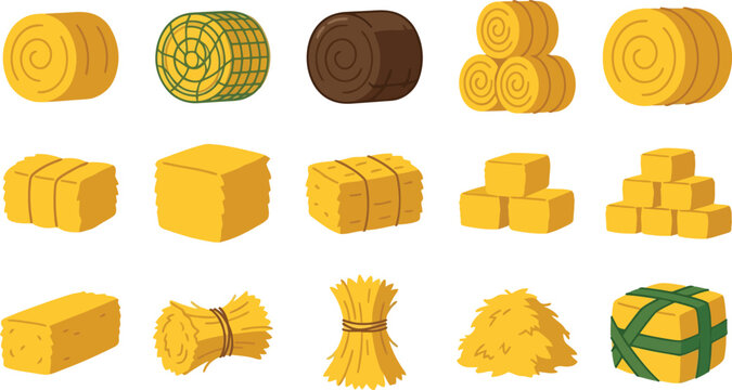 Set of various dry hay and straw bales in different shapes for farm and agriculture collection