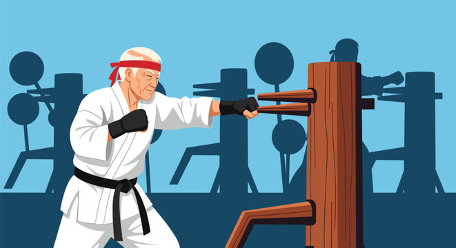 Active senior man wearing a white karate gi practice martial arts punches on a wooden wing chun training dummy.