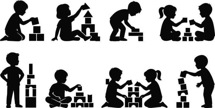 Black silhouettes of children playing with building blocks