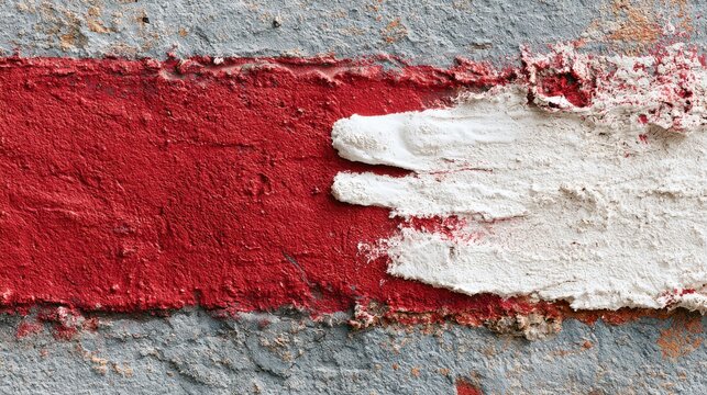 Minimalist abstract composition on a raw texture, red painted area with few large white streaks, modern art background