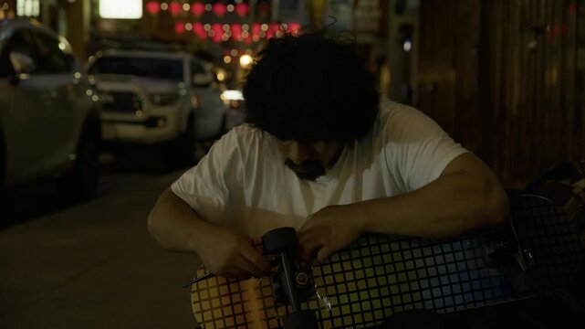Man Adjusting Truck on Colorful Grid Skateboard Deck At Night In San Francisco Chinatown