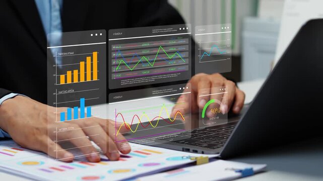 Businessman analyzing reports, charts, statistics, dashboards, and business information to support data analysis, strategic development, performance monitoring, and informed decision making.