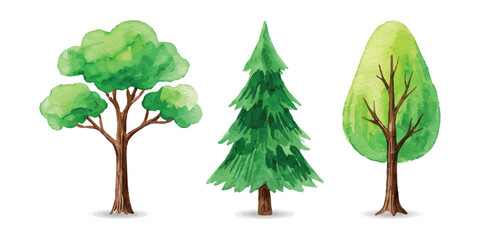 Set of three colorful hand drawn style trees with green leaves and brown trunks © md