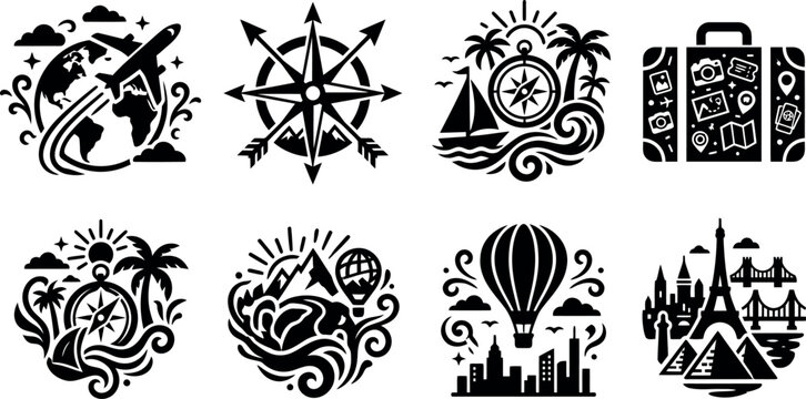 travel icons set depicting diverse global journeys adventure exploration and vacation destinations ideal for modern tourism concepts.