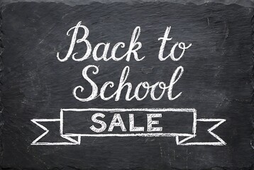 Fototapeta premium Artistic chalk drawing on dark slate surface announces back to school sale with ribbon banner and clear text for promotion.