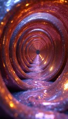 Fototapeta premium Abstract swirling tunnel with metallic sheen and sparkling particles. Flowing liquid or path reflects glowing orange and purple light. Endless, otherworldly, or futuristic concept.
