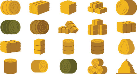 Set of various hay bales and straw stacks for farm and agriculture harvest vector illustration © azad