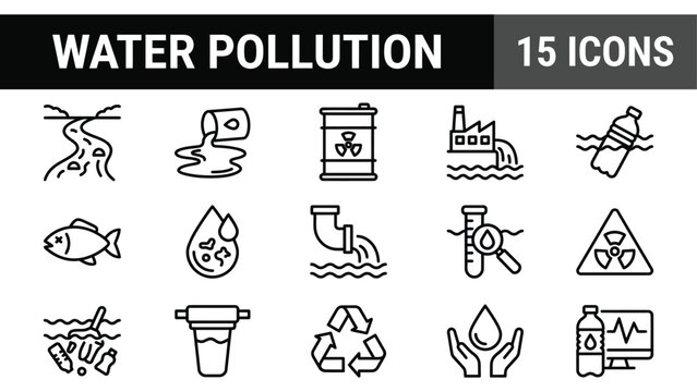 Water pollution line icons set, 15 environmental contamination symbols, industrial waste and toxic ocean vector pack