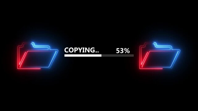 File transfer from computer folder to folder neon line animation Isolated on black background. motion graphic of copying file transfer with loading concept animation.