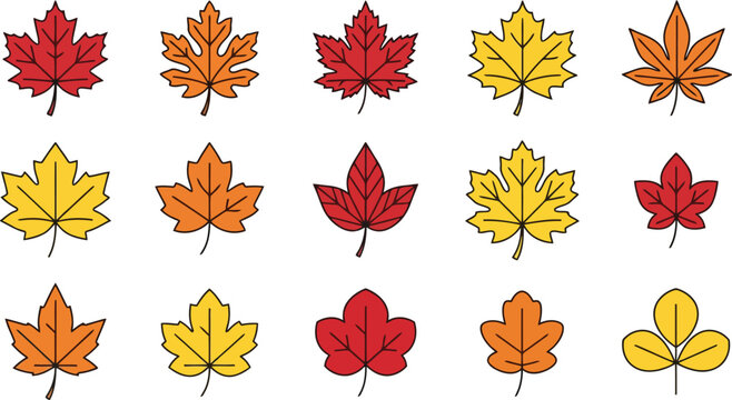 Set of colorful autumn leaves icons in various shapes and fall colors for seasonal design