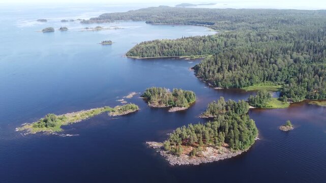 Aerial Drone Flight Over Valaam Island, Karelia, Russia, Scenic Lakes, Forests and Northern Summer Landscape, 4K