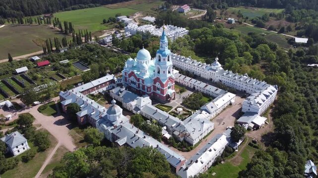 Aerial Drone Flight Over Valaam Island and Valaam Monastery, Karelia, Russia, Orthodox Church and Sacred Landscape, 4K