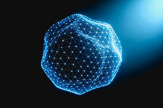 A 3D rendered glowing digital sphere composed of connected nodes and triangular mesh lines, representing network or data structure.