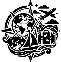Fototapeta premium travel and adventure concept with globe airplane suitcase sailboat and mountains