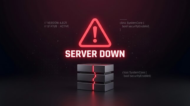 Broken database server hardware concept with red warning hologram indicating severe data loss and critical system failure