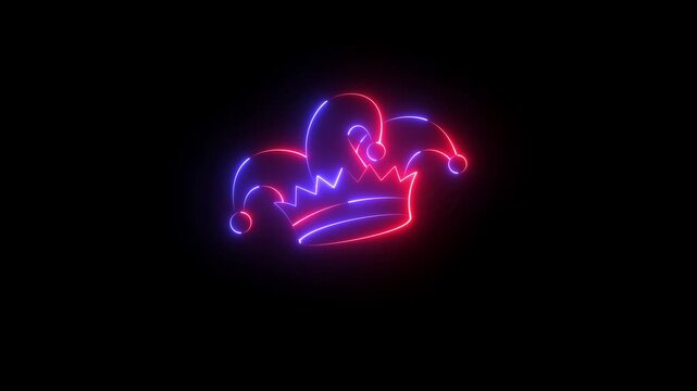 Glowing neon Glowing Neon Jester joker Hat Icon Animation,Neon Clown Hat with Bells, Glowing neon line Joker playing card. motion graphic of joker hat concept.
