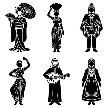 cultural diversity of world cultures and global ethnic groups illustrated as icons wearing traditional clothing.