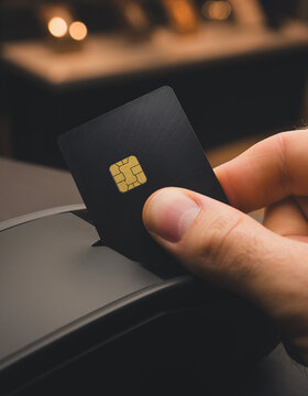 Hand inserting a black chip credit card into a payment terminal reader