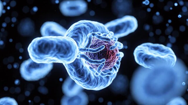 Abstract visualization of immune system cells flowing and activating in dark fluid environment, glowing bioluminescent white blood cells in motion, seamless loop, medical science background