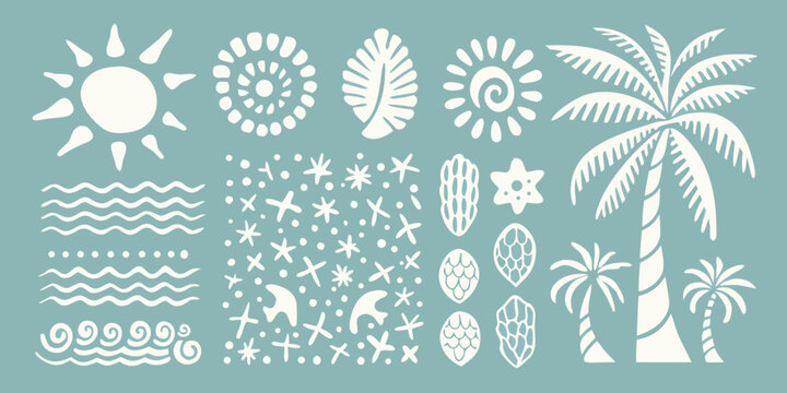 Tropical Elements Pattern Featuring Seashells Palm Leaves And Waves