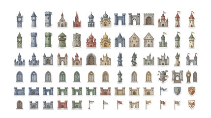 Medieval castle vector set, 80+ fantasy kingdom building elements, ancient fortress architecture, fairytale tower and wall components, historical construction kit for game design and storytelling © Abida