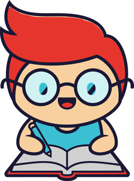 Happy Cartoon Boy with Glasses Writing in Open Book, Studying, Learning, Education Concept