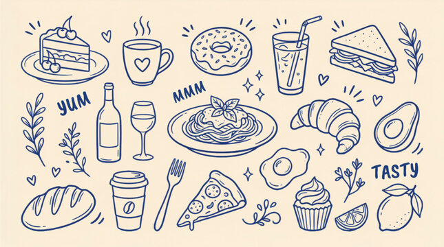 Hand drawn food doodles vector set, blue ink line art illustrations of cafe snacks and drinks, vintage restaurant menu icons on cream background