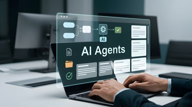 Automated business process management interface showing AI agents flowchart nodes floating above a laptop workspace.
