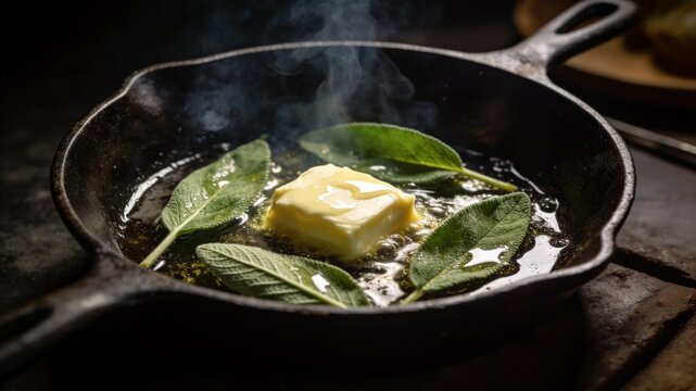 A close-up of a block of butter melting and bubbling with fresh green sage leaves in a hot cast iron skillet, with steam rising.