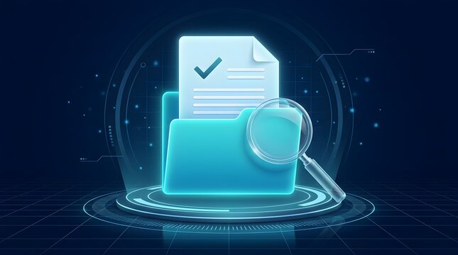 Secure digital storage verification concept showing a holographic folder and magnifying glass resting on a futuristic pedestal.