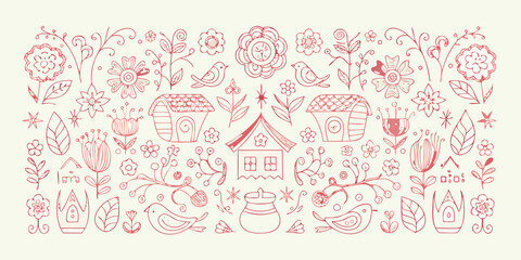 Floral ornament with houses and birds hand drawn vector illustration © Laki