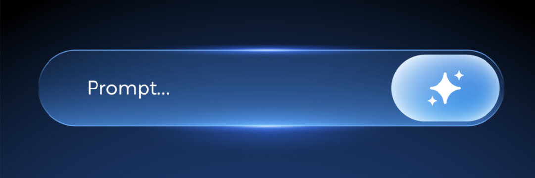 Futuristic modern glow blue AI prompt search bar with sparkle star button. Glassmorphism user interface UI element for generative AI assistant technology input tool on dark gradient vector.
