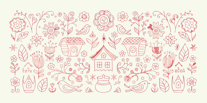Floral ornament with houses and birds hand drawn vector illustration