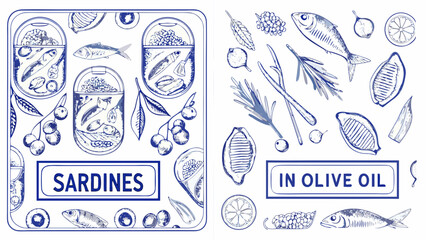 Vintage style illustration of sardines olive oil and lemon slices in a repeating pattern aquatic animal blue toned © Subrata