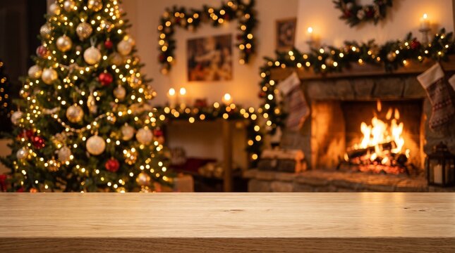 Cozy christmas background with tree fireplace and wooden table for holiday decor