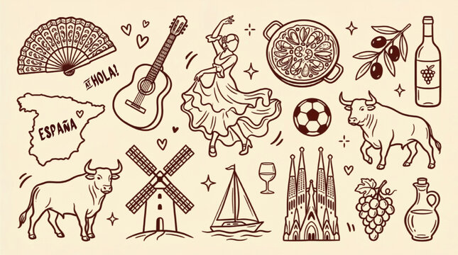 Vintage Spain travel icons set, hand drawn Spanish culture illustrations, brown line art doodle collection of flamenco, bull, and paella