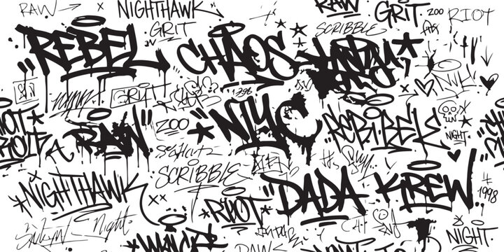 Black and white street art graffiti tags pattern with messy ink scribbles and urban lettering