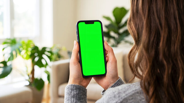 Hand holding mobile phone with green screen chroma key mockup by brunette woman at home, female looking at smartphone in cozy bright living room with plants background
