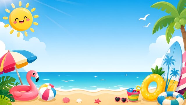 Colorful Summer Beach Vacation Background with Smiling Sun Palm Trees and Beach Accessories Illustration