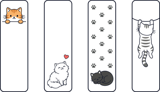 Cute cat bookmark collection featuring kittens peeking sleeping sitting and hanging with paw print patterns vector illustration set