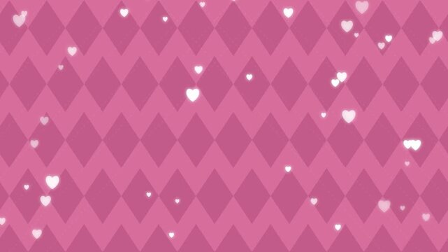 Animated Candy Color Hearts over Pink Geometric Pattern Background