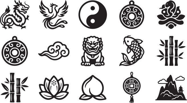 Set of Traditional Chinese and Asian Cultural Symbols and Icons