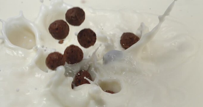 Chocolate corn balls falling into milk with splash in super slow motion 1000 fps