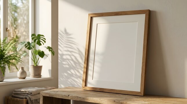 Warmly lit vertical wooden picture frame blank white mat leaning against light wall rustic shelf, surrounded potted plants natural sunbeams commercial use.