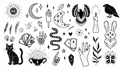 Fototapeta premium Witchcraft Illustrations Featuring Crescent Moons Mystical Hands And Celestial Elements In Black And White occult esoteric divination