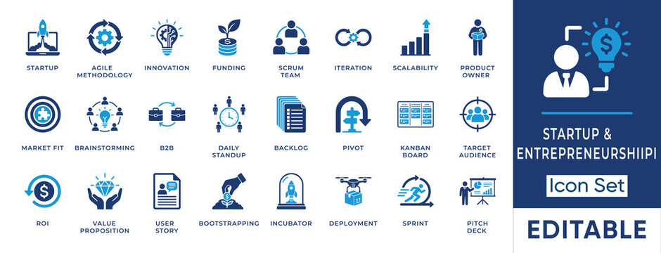 Startup and entrepreneurship solid icon set. Includes symbols for Agile Methodology, Value Proposition, and Pitch Deck. Vector icons for business investment, UI design, and web presentation.