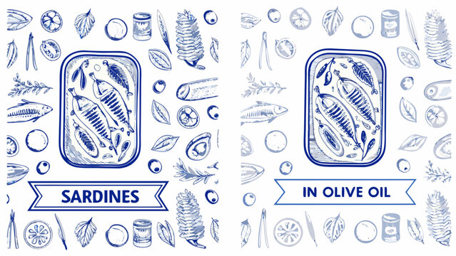 Vintage style Sardines In Olive Oil Illustration With Fish Shells And Citrus Fruit Elements anchovy aquatic artwork