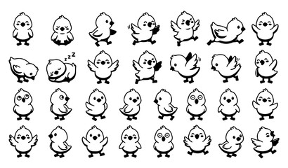 Obraz premium Cute Baby Chick Character Collection with Different Happy Poses Cartoon Outline Illustration Set
