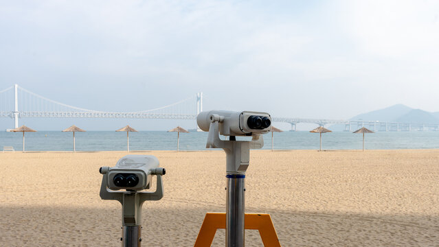 Telescopes overlooking Gwangalli Beach in Busan