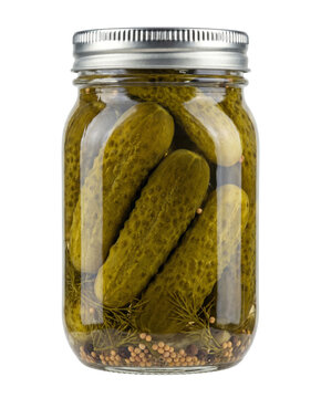 Glass mason jar filled with whole dill pickles and pickling spices